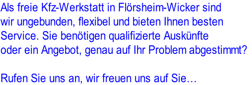 Als freie Kfz-Werkstatt in Flörsheim-Wicker sind
wir ungebunden, flexibel und bieten Ihnen besten
Service. Sie benötigen qualifizierte Auskünfte
oder ein Angebot, genau auf Ihr Problem abgestimmt?

Rufen Sie uns an, wir freuen uns auf Sie…
